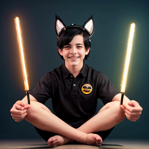 Мальчик подросток сидит в позе лотоса, с черными волосами, большими черными кошачьими ушами и хвостом, руки распододил на уровне груди ладони параллельно друг другу, а между руками магическая сфера сверкающая как космос. Один глаз у мальчика котенка янтарный, а второй голубой. На лице улыбка восторга как у ребенка что увидел конфету.