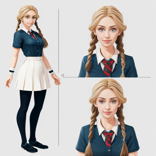 Create an original female character in a vibrant, cartoon style, designed as a professional concept art reference sheet. Include multiple angles: front, back, and 3/4 views, as well as expressive poses showing movement and emotion. Present clean, crisp linework with polished shading and vibrant colors, ensuring each part of the character’s design is clearly visible. Include close-ups of key details such as clothing patterns, accessories, and hair, while keeping proportions stylized but consistent. The composition should resemble a high-quality character reference sheet used in animation or game design, with neat annotations or visual notes showing design elements, color palette swatches, and small accessory details. Lighting should be soft and even to showcase the design clearly, and the overall layout should feel professional, organized, and visually appealing, female, blonde blue and golden translucide extremely glowing hair, wavy long hair, school uniform. Pale skin, tall and slim, elegant tied hair with Braids, sword