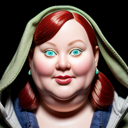 A fat lady that wears a green coat, has bulging ankles, dirty sneakers, loose fleshy cheeks, neck covered by fat, sparse red hair pinned back by a plastic barrette, tiny face features, and small blue eyes.