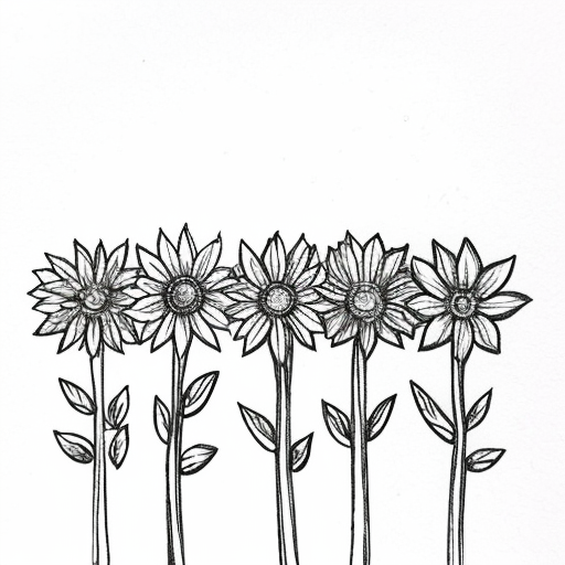 A sketch of multiple wildflowers  in a row. Black and white, simple and hand drawn