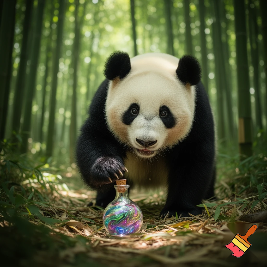 a panda theasher piking up a poshen bottle