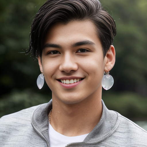 A cheerful athletic teenage boy, with short black hair, defined face (slightly angular heart-shaped jawline), tall straight nose, light brown eyes, wheatish skin, 183cm tall, inverted triangle body (broad shoulders, narrow waist), wearing a sporty zip-up jacket with the collar slightly open, subtly revealing a toned chest, smiling warmly at the camera, clean and refreshing aura.

(masterpiece, best quality, ultra-detailed, 8k, photorealistic anime:1.2),
young male character, messy black hair, light brown eyes (half-covered by hair), moist lips, faint blush,
wearing translucent white T-shirt (slightly wet texture),
accessories: silver star-shaped drop earrings (double earrings), silver chain necklace with crystal pendant, silver ring (on middle finger),
pose: head tilted back, one hand gently touching hair (fingers slightly curled),
background: soft misty/rainy atmosphere (blurred cool-toned environment, floating water droplets),
style: Chinese handsome male illustration (delicate facial features, realistic skin texture with subtle water droplets),
color tone: cool muted blue-gray dominant, with white (T-shirt) + silver (accessories) accents, soft diffused lighting (subtle highlights on skin and water droplets),
composition: extreme close-up (half face + neck), upward angle perspective, shallow depth of field (blurred background),
additional details: translucent T-shirt texture, water droplet sparkle on skin/hair, silver jewelry luster, gentle and ethereal atmosphere
