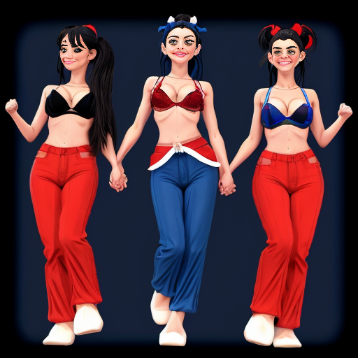 90's disney's 2d aladdin style comic dark blue background and panels of panel 1 a black haired ponytail woman with blue skin , blue harem pants, red bra and red sash and red curved slippers and with three heads walking towards viewer. 
panel 2 the head in the middle of the three headed black haired ponytail woman with blue skin , blue harem pants, red bra and red sash and red curved slippers is looking at the left head and the right head of the three headed the black haired ponytail  woman with blue skin , blue harem pants, red bra and red sash and red curved slippers. Panel 3 the middle head of the three headed black haired ponytail woman with blue skin , blue harem pants, red bra and red sash and red curved slippers is making a kiss face and still walking towards viewer. 
Panel 4 but then the two heads of the three headed the black haired ponytail barefoot woman with blue skin , blue harem pants, red bra and red sash did the same. 
Panel 5 then the three heads of the three headed black haired ponytail woman with blue skin , blue harem pants, red bra and red sash and red curved slippers started kissing the viewer. 
Panel 6 then the three headed black haired ponytail  woman with blue skin , blue harem pants, red bra and red sash and red curved slippers then turns around and raising her arms then swaying her hips. 
Panel 7 while the the three headed black haired ponytail woman with blue skin , blue harem pants, red bra and red sash and red curved slippers is shaking her butt a triangle shaped patch was on the her butt of her blue harem pants.