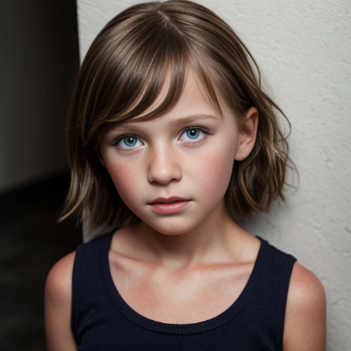 A girl aged 8-11, with siren eyes and short, brown hair, which is straight and up to her shoulders