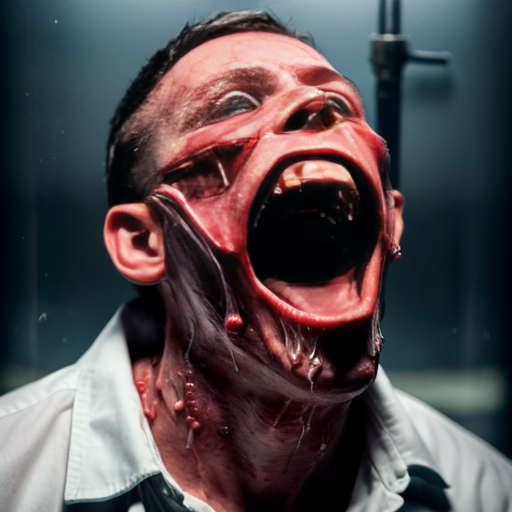 Realistic photographic portrait of a young man in a light green button-up shirt, standing outdoors under a clear bright blue sky, holding a large round transparent glass fishbowl directly in front of his face covering it completely, inside the fishbowl is a grotesque horrific exploded human head made of raw bloody flesh, exposed muscles, dripping viscous fluids and blood, prominent human teeth in a wide open screaming mouth, multiple large bulging bloodshot human eyeballs floating and attached unnaturally, strings of veins and nerves, glistening wet meat textures, hyper-detailed practical special effects makeup and prosthetics style, visceral body horror, photorealistic, sharp focus, natural daylight, high resolution, 8k, RAW photo