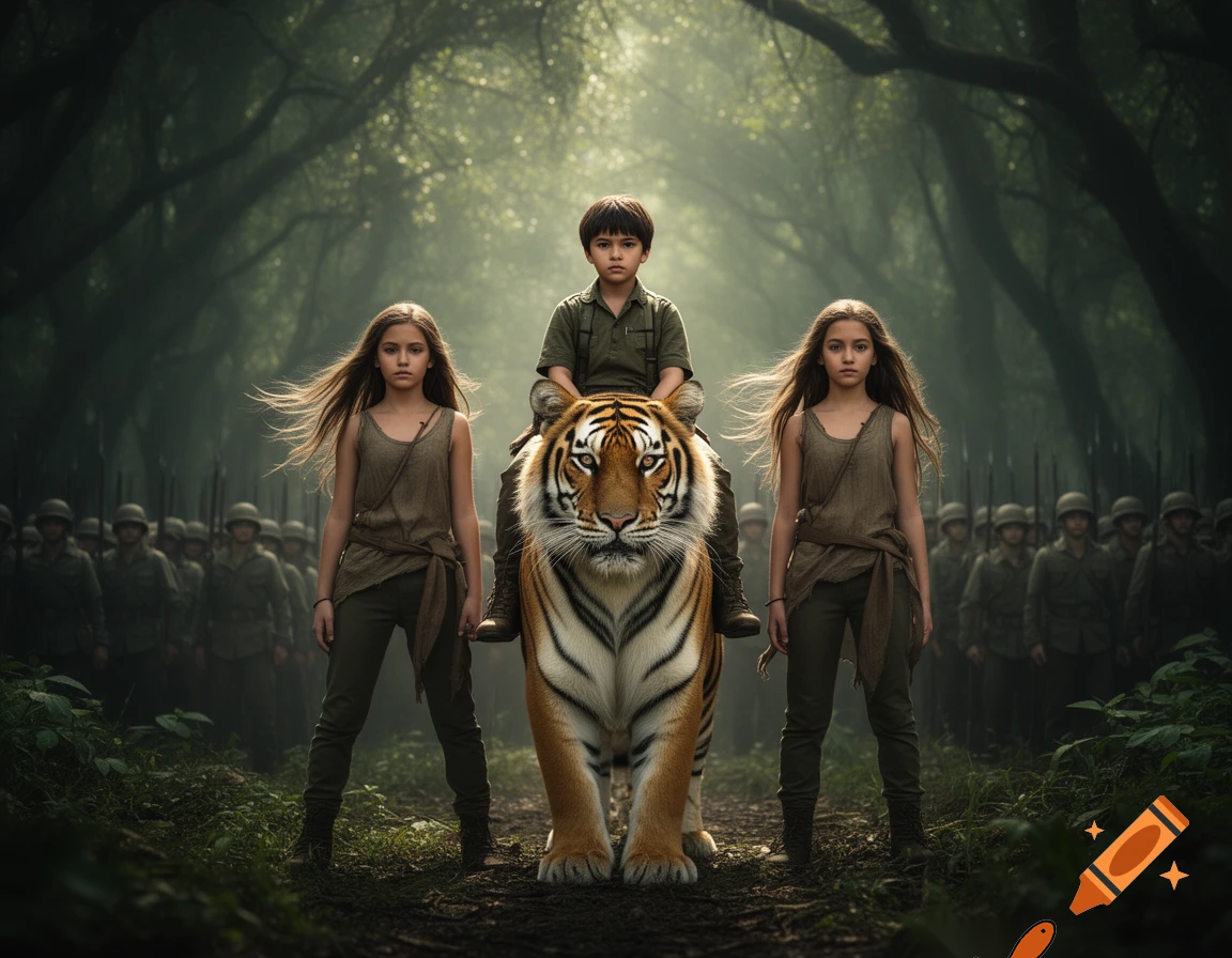 a boy sitting on the tiger in the wild forest in left and right of the him the 2 girls standing, a big army group standing behind him