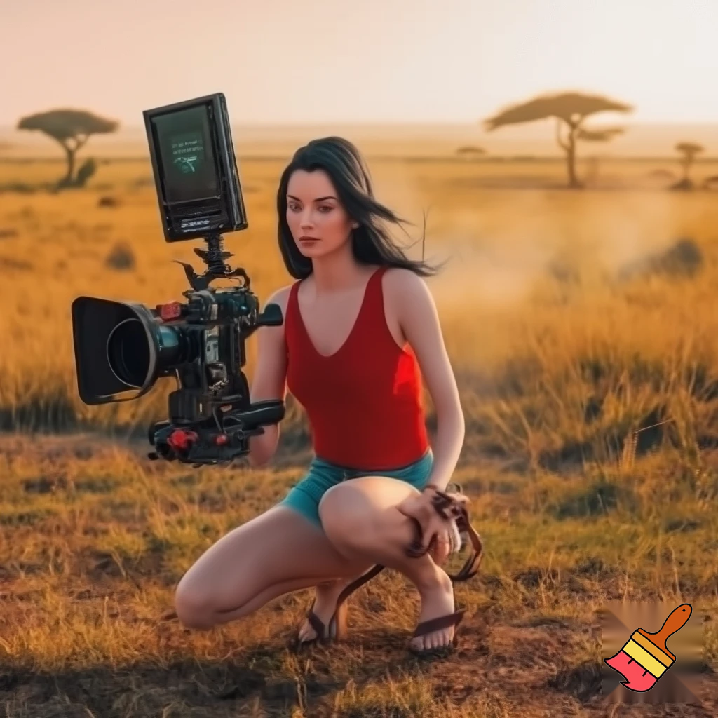 A cute and muscular black-long-and-side-swept-banged-haired fair white woman with arriflex digital camera and wearing red tank top and woman's blue short jeans and putting the sandals on her feet is filmming the plains of the Serengeti in Tanzania.