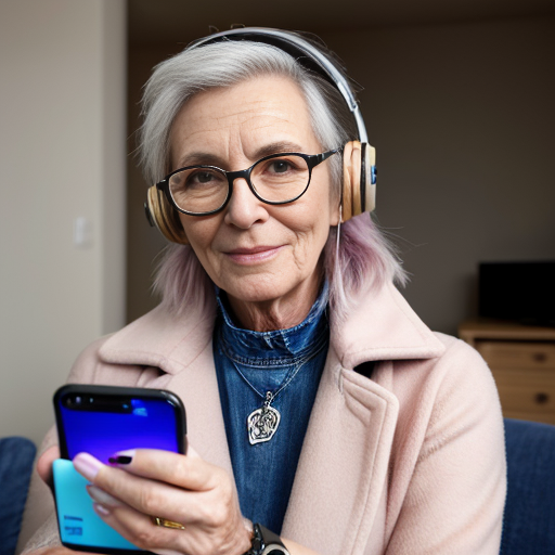 génère moi une femme de 60 ans qui a un brushing cheveux soignés , des écouteurs , elle tient un télephone ,elle porte une paire de basket colorés  , un long manteau beige , un chemisier a fleur rose clair , un jean baggy bleu , une paire de lunettes fines , a son poignet elle porte une montre  , elle porte des bijoux 