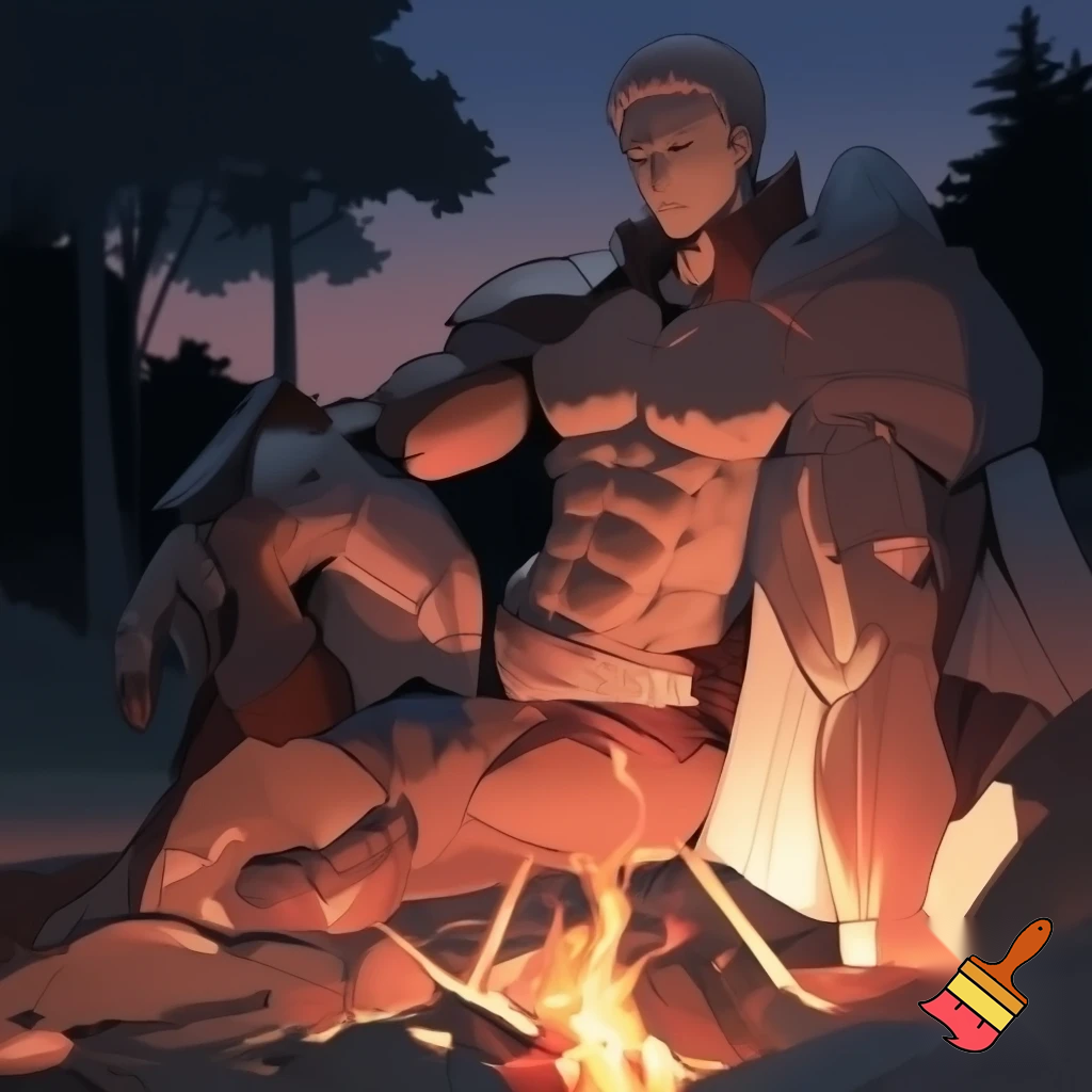 An Anime knight sitting next to a campfire with all of his cloths except his underwear off and he has abs and muscles