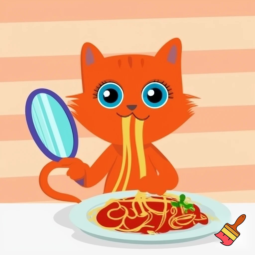 une image ne mode cartoon avec des gros yeux d'un petit chat roux femelle avec un petit sourire espiegle qui mange dans mon assiette de spaghetti bolognaise a table quand j'ai le dos tourné
