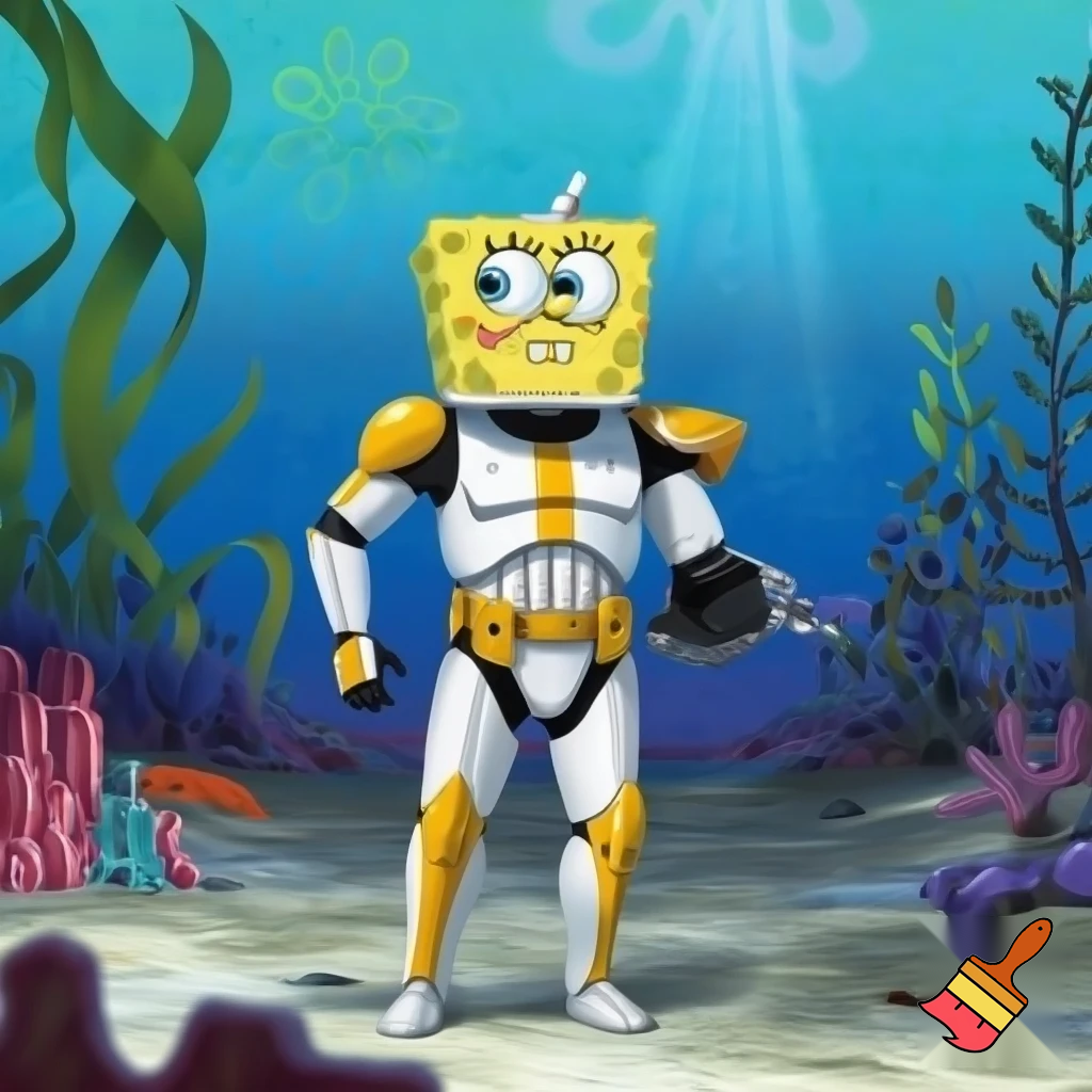 A sponge Bob wearing clone trooper armour