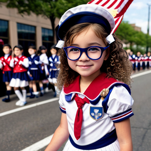 Cute adorable niña Chilindrina glasses con hair lazo curly con verano sailor uniforme escolar con zapatos negros escolar con calcetines blancos con sombrero sailor con grupal con caminar con desfile Estados Unidos América bandera con ciudad 41