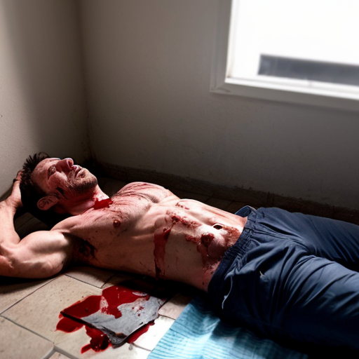 shirtless random man (neighbor, not everyone has 6 pack.), face are hiding by shirt, died already, chest are open wounded circle in random man, blood everywhere, eye closed, floor on corpse body, not pant less.