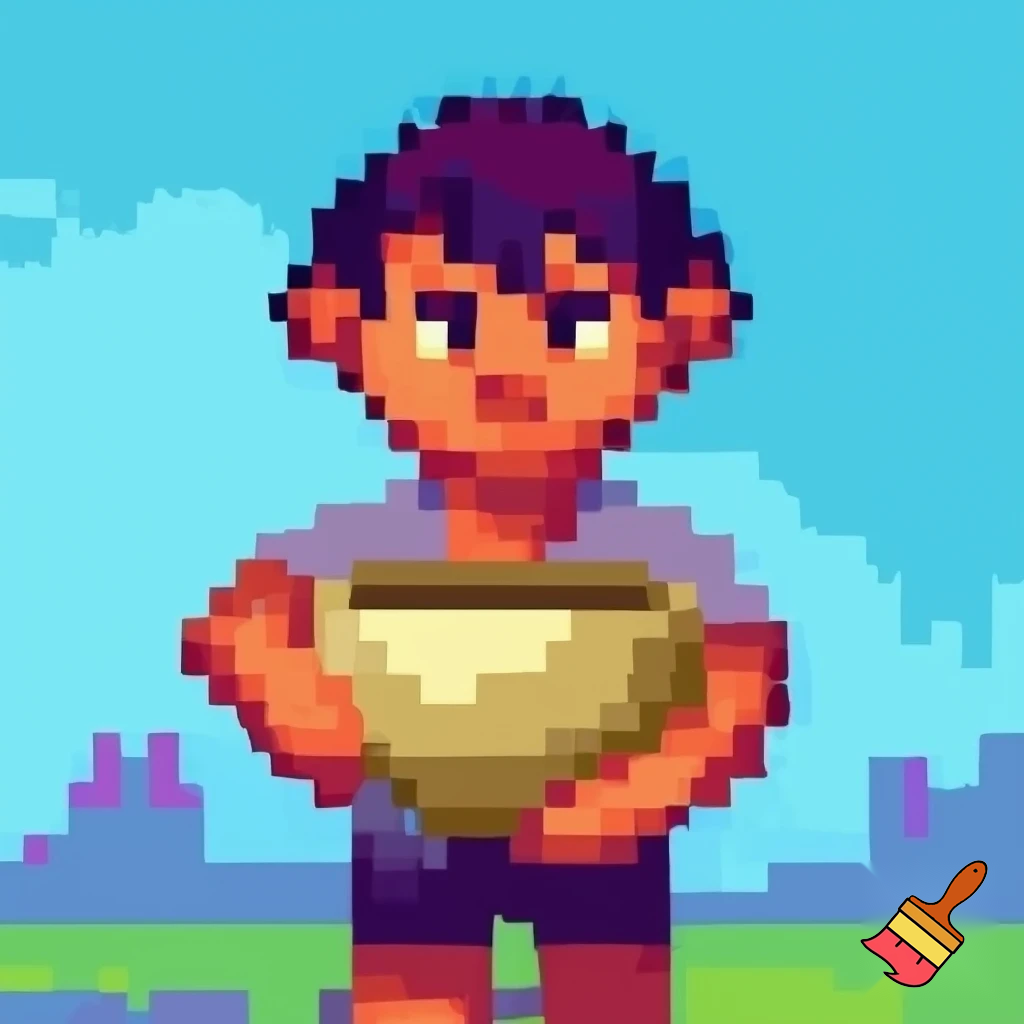 a boy holding a bowl pixel 2d
