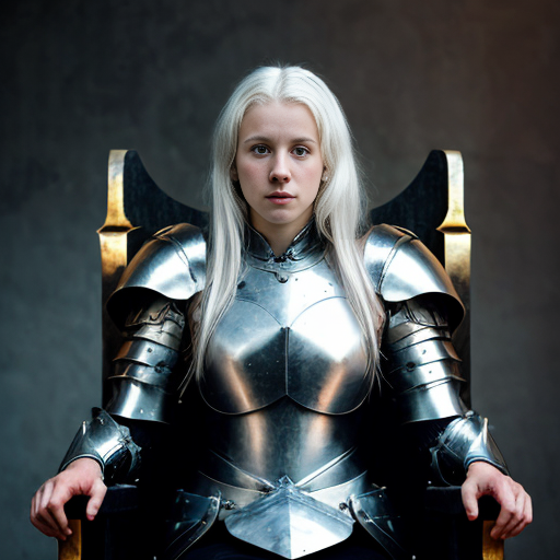 young tall white-haired woman in armor sits on a throne