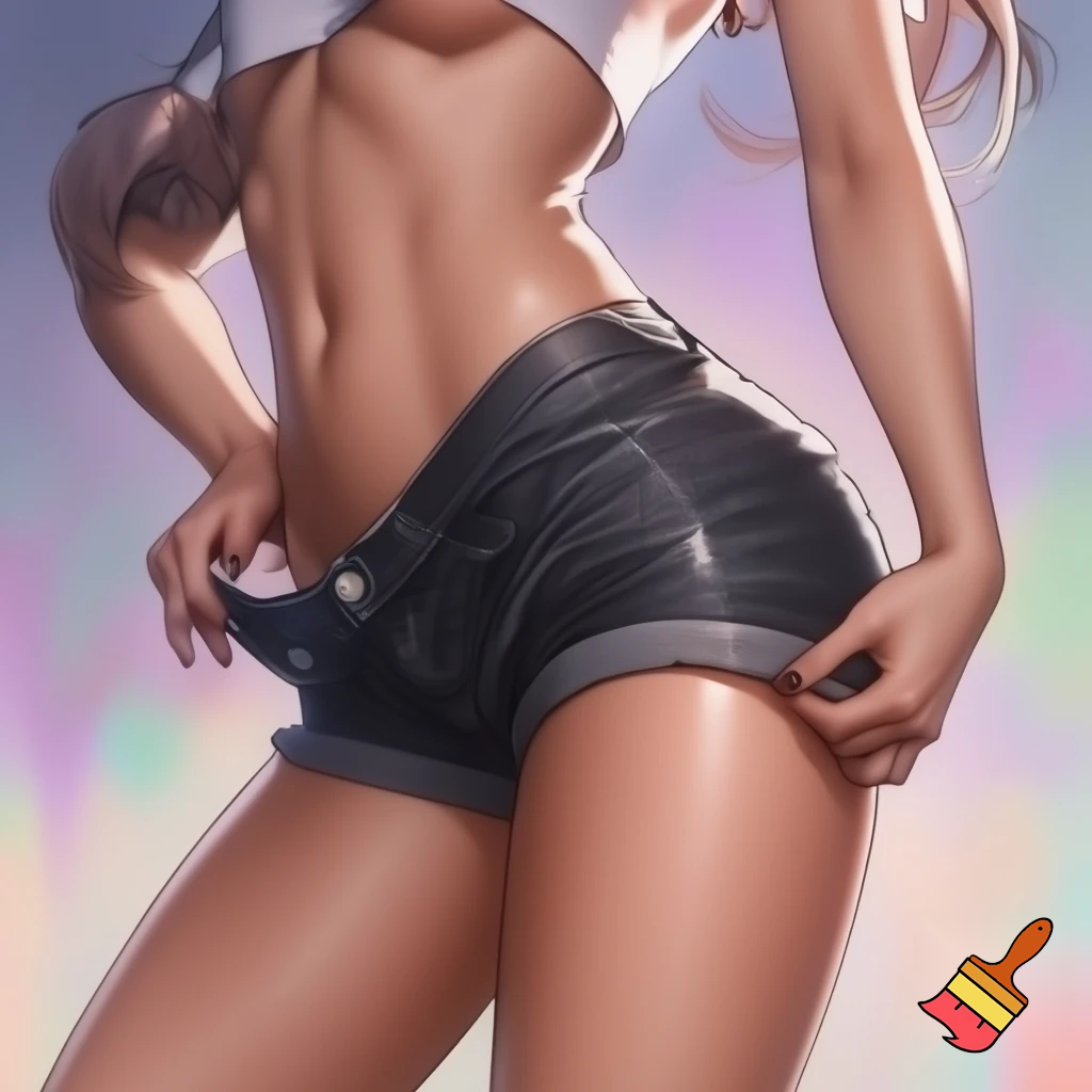 Anime girl 20 years old so cool and cute is dressing an underwear clothes and cool short black jeans is standing make is so anime  is doing an cool pose and the girl is holding her jeans with cool pose and her body is shiny and her face and waist and ass is so cool and make it so cool and so so so cute and her body is so cool