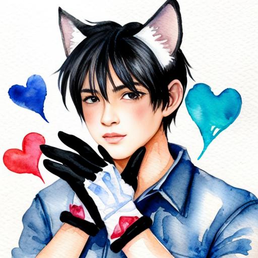 anime teenage boy with red eyes, black hair, white cat ears, a white shirt
, blue jeans, black gloves with one love heart per glove and a brown cat tail with a white stripe near the tip.
