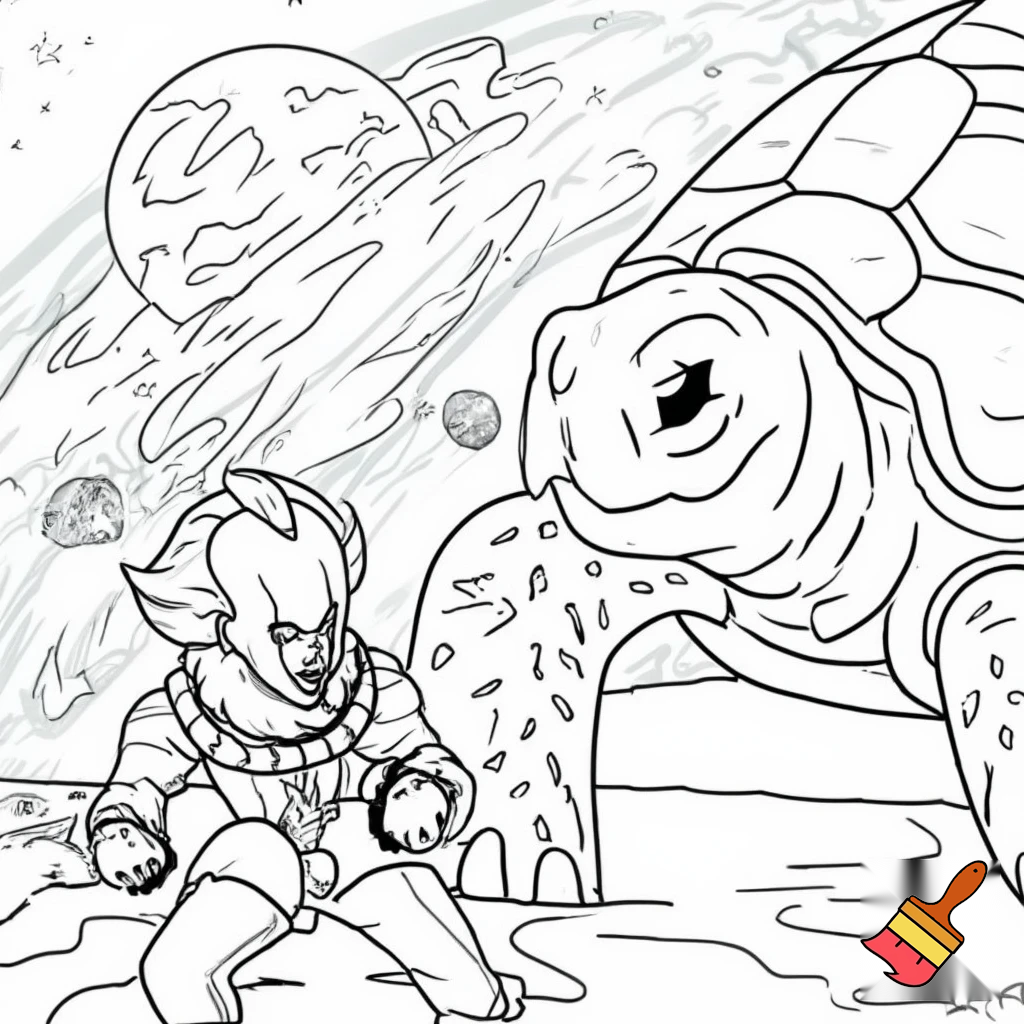 A coloring page of pennywise from IT fighting the giant turtle in space.