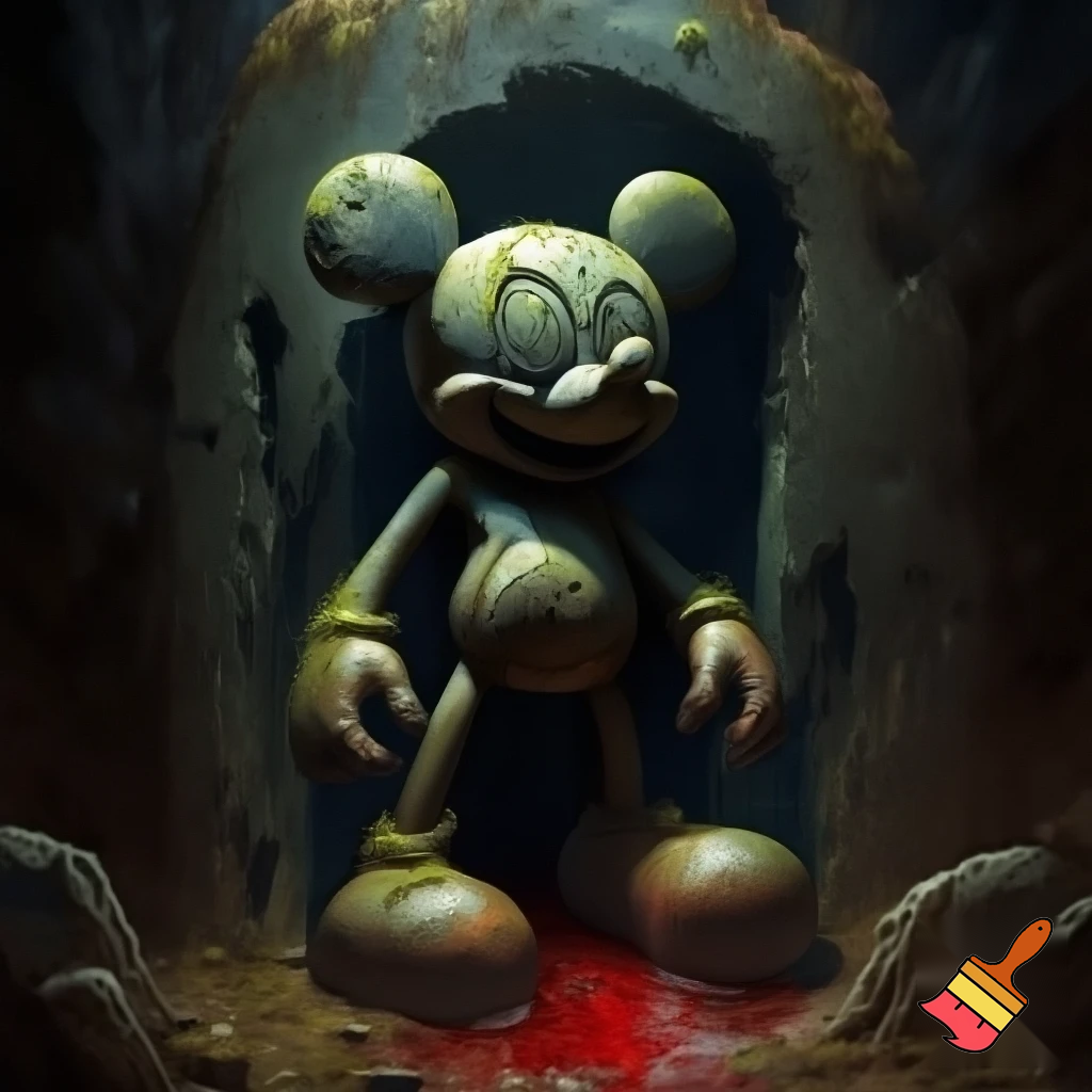Ancient stone idol of Mickey Mouse with blood sacrifice outside Burial 