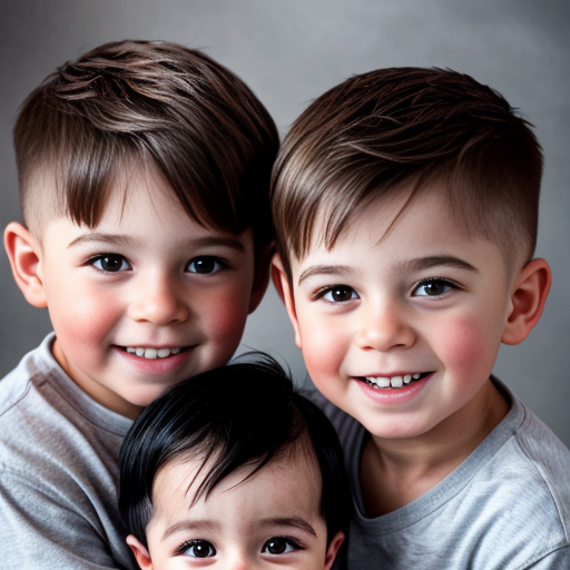 Generate a family photo of 2year old year old triplet boys with black hair make sure they have black hair
