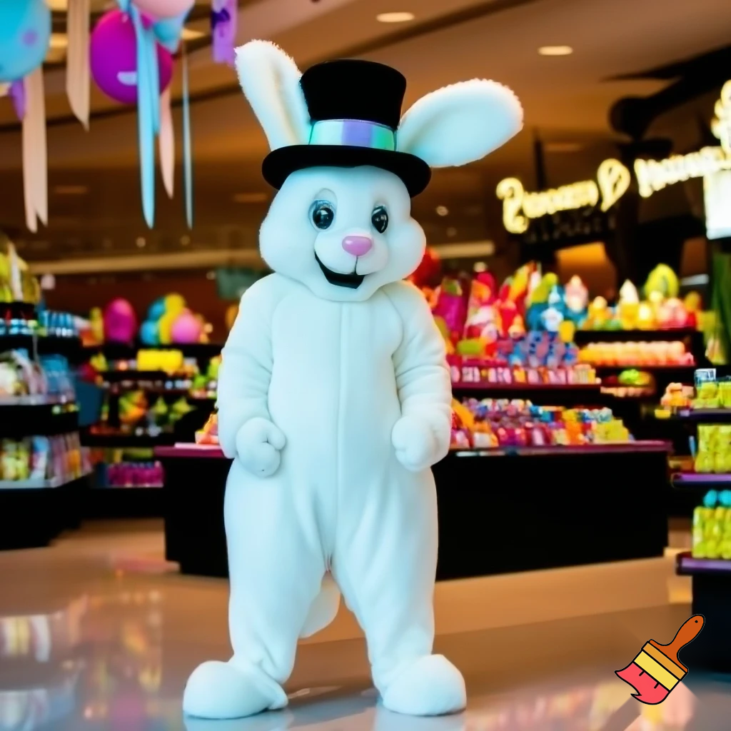 Easter bunny mascot top hat at the shopping centre mascot costume Darrell Lea magic room