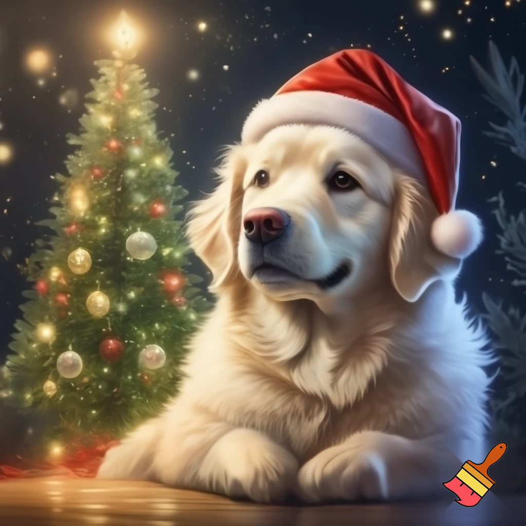 een witte golden retriever met een rode kerstmuts en een kerstboom