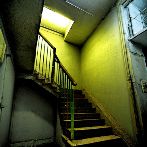 Old dimly lit apartament building stairwell post-soviet architecture 
