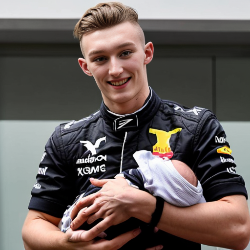 make an image of max verstappne hold a big johnsons baby oil next to charles lecrlec