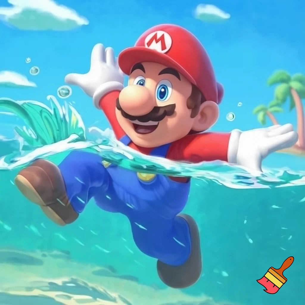 mario going for a swim, cartoon art style.