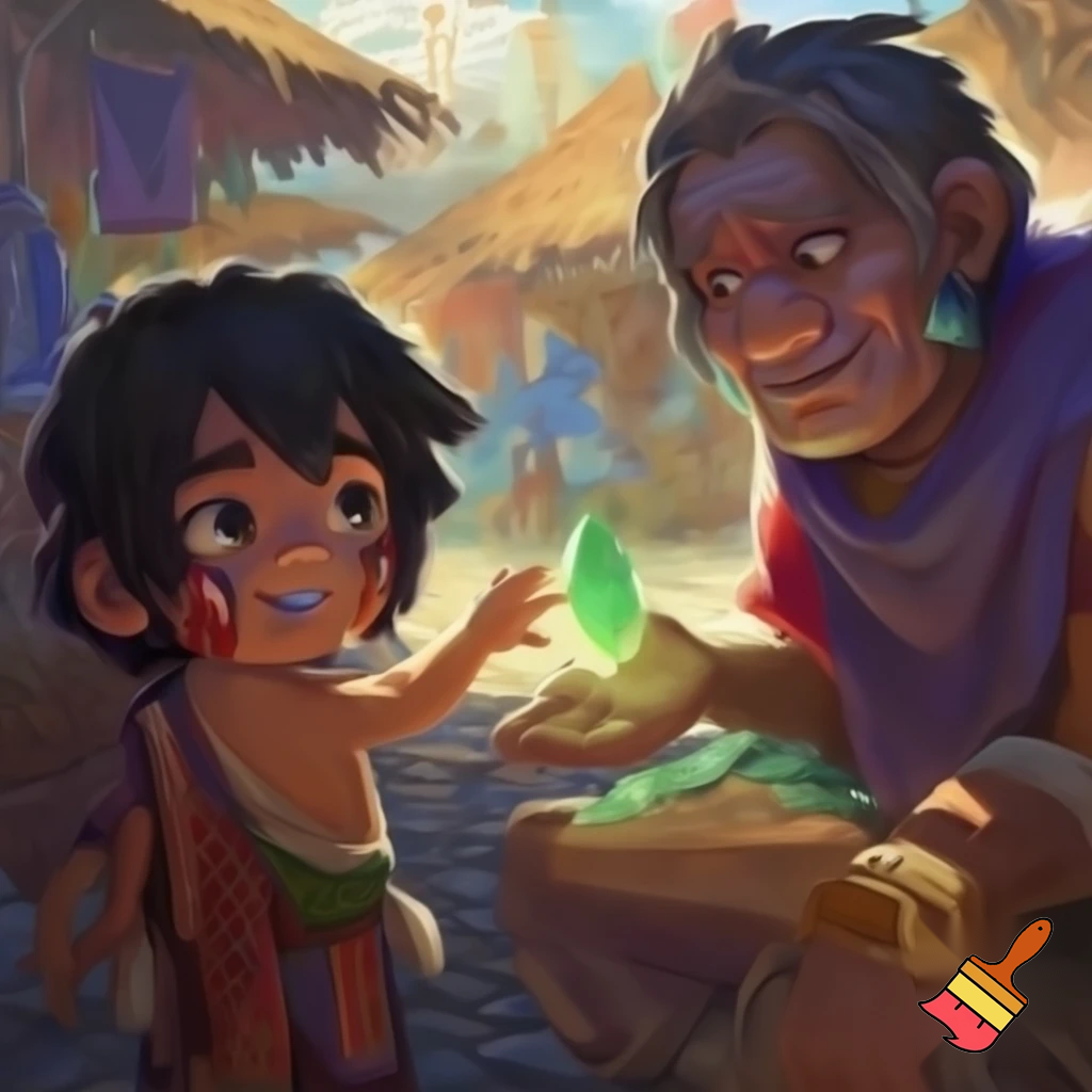 an aztec boy  buying jade from a marketer'

