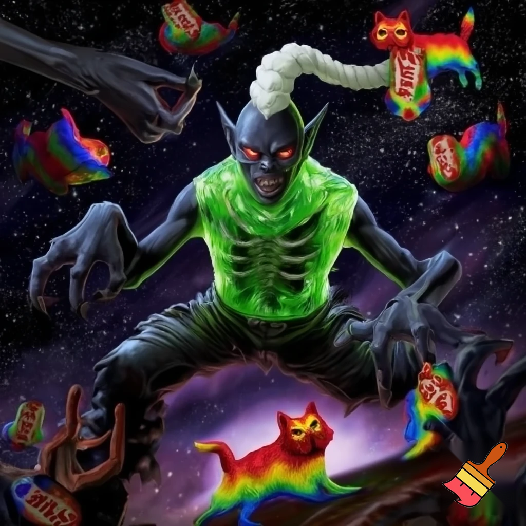 An evil creature with black skin and white curly hair braided into a ponytail, a green jelly-like torso with visible dark bones inside it, limbs dark, the same as his skin, He wears black leather pants, has red eyes, an angry expression, and pointy ears. he is surrounded by feets, Around him, cats on Doritos, a space landscape, and rainbow dogs fly.