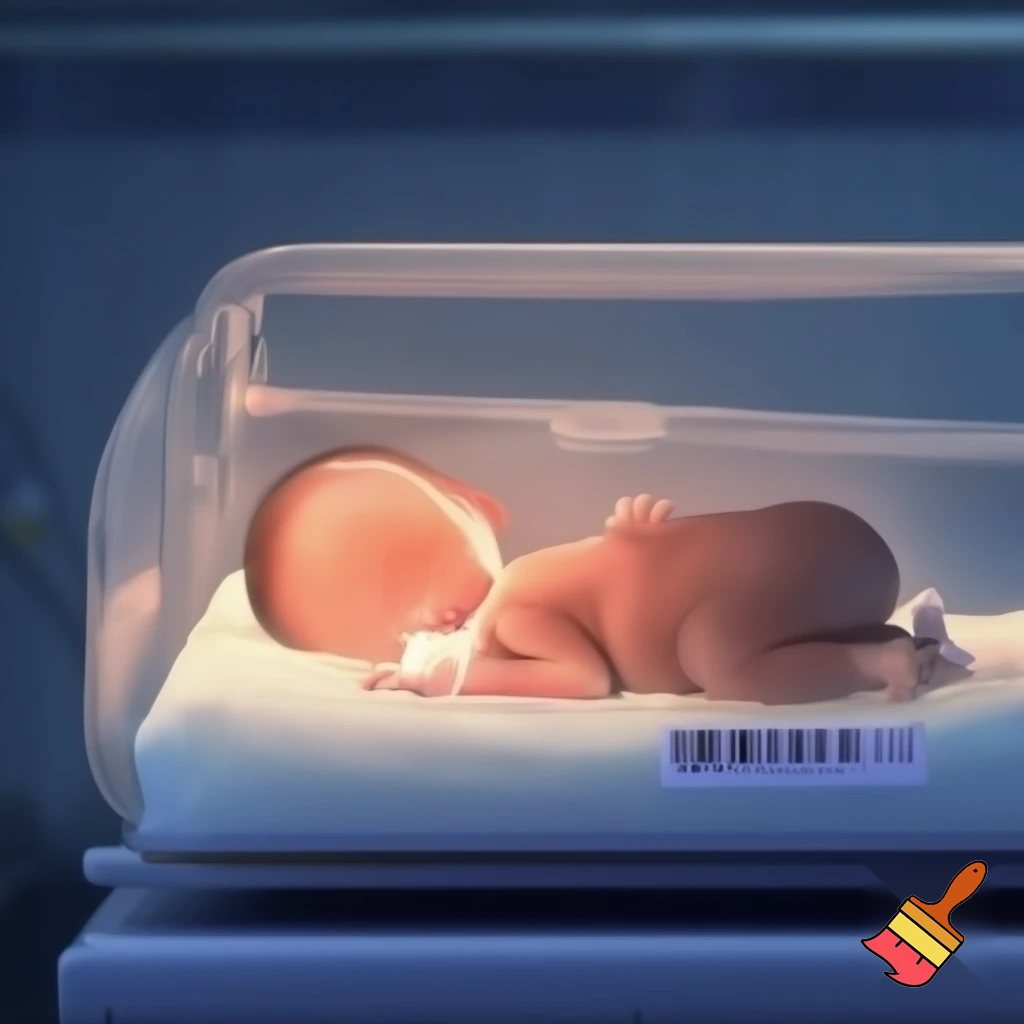 un bebé en una incubadora con un código de barras y una etiqueta con un precio 