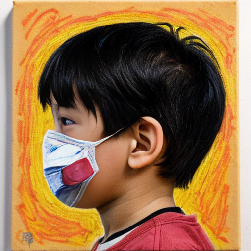 in an 8.5 by 11 inches size of canvass a crayon artwork of a kid with black hair in a side view looking upward holding a theater mask covering the half side of his face