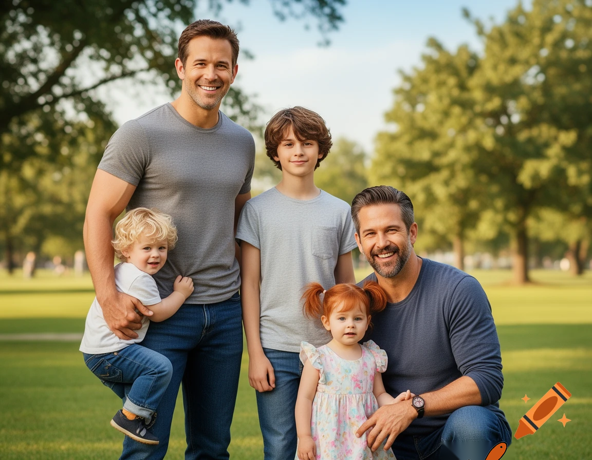 generate me a picture of 3 kids with their 2 dads, make the kids 2 and 3, make one a girl and one a boy, and make the 3rd a 14-year-old boy, make the 1st dad a dark brown hair and white man and make the other one Ryan Reynolds.