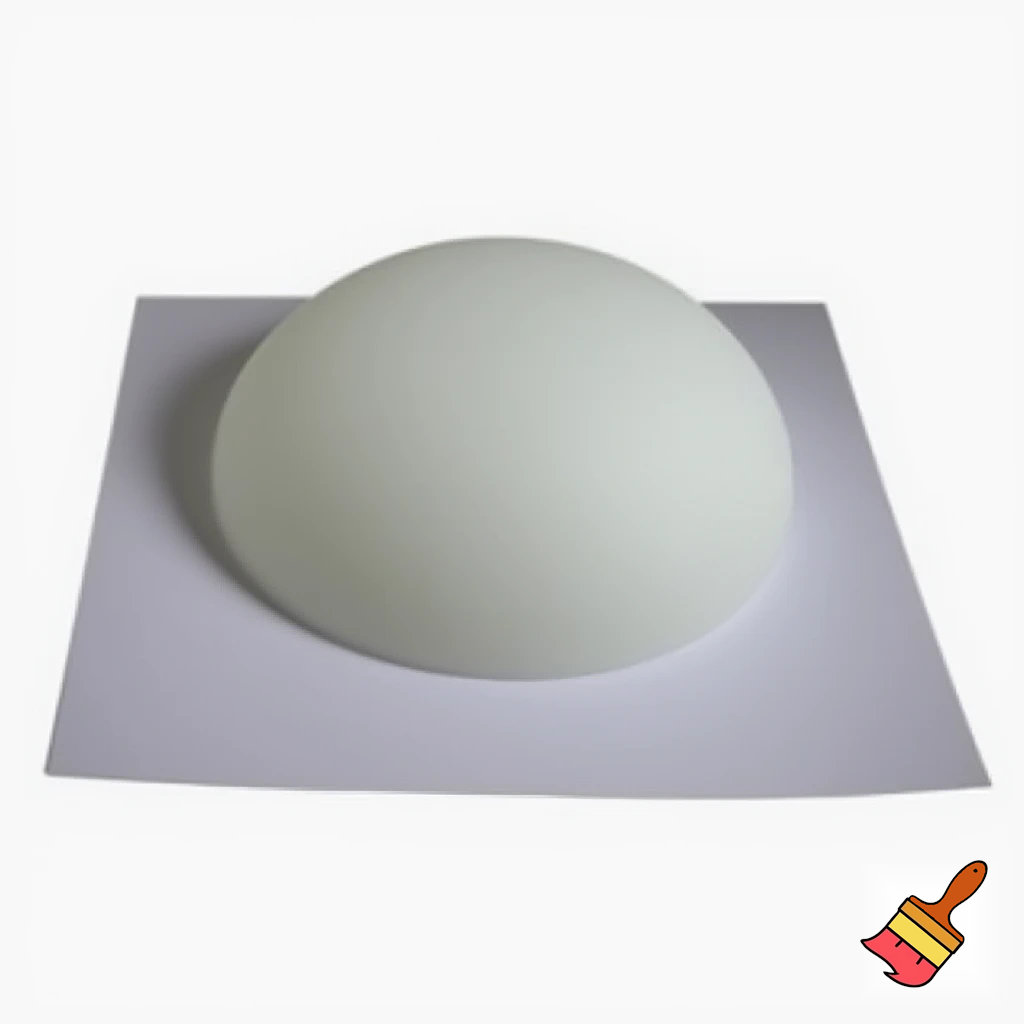 Imagine a flexible, gel-like bowl placed on top of a square piece of paper. The bowl’s material stretches and conforms perfectly to the square edges and corners of the paper, creating a smooth, dome-like shape. The bowl’s surface molds seamlessly to the square outline, resulting in a perfectly fitted, stretched, and dome-like appearance.