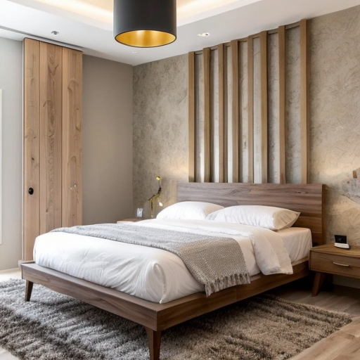 generate an interior picture of a room , not kitchen, with a 2.5-meter-long and 2.7-meter-high wall on the left, with 5 4-centimeter-wide pecan-colored boards on the left and right edges of the wall, and black wallpaper with gold-colored thin stripes in between. There is also a 60-centimeter-wide and 2-meter-high decorative panel with a floral pattern, and a 60-centimeter-wide and 2-meter-high mirror. the second wall begins with 50 cm of 4 cm wide pecked walnut-colored slats, followed by a 1.80 m long and 1.3 m high counter with a glass in the middle that is illuminated from the inside with yellow light, then 90 cm of slats that are pecked at regular intervals, and the wall ends with a door that matches the color of the counter. The third wall is covered with decorative plaster. Design this room in a modern and stylish manner.