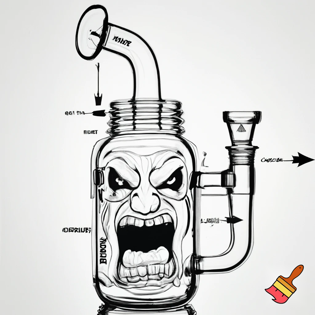 "A black and white diagram of a mason jar water pipe, with labels for 'MOUTHPIECE', 'DOWNSPOUT', 'BOWL HOLE', and 'MASON JAR'. The jar has an extremely angry, seething face with an open, shouting mouth, conveying intense, boiling rage that is trying to break free from the diagram's constraints."