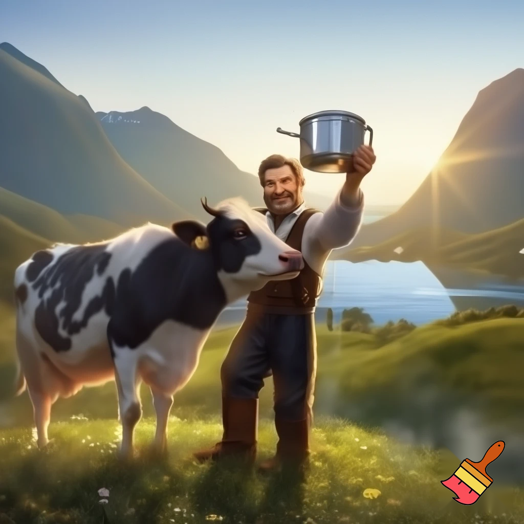 generer et bilde til en reklameplakat, produktet vi skal reklamere for er melkespann laget av vårt firma Nessemaskin. Slagordet vårt er "Litt melk om dagen gjør bra for magen, kjøp vårt melkespann så smiler både mor og mann". Vi vil også få fram at vårt firma er det eneste du kan stole på, spill på nasjonalromantikken og få fram at produktet vårt kan brukes til alt du kan tenke deg, det er bare fantasien som stopper deg. Spill på nasjonalromantikken ved å ha med kyr, fin norsk natur og ei budeie som holder melkespannet
