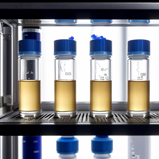 Pharmaceutical freeze-drying process in a laboratory, showing vials inside a lyophilizer chamber with ice sublimating into vapor, detailed scientific illustration style"