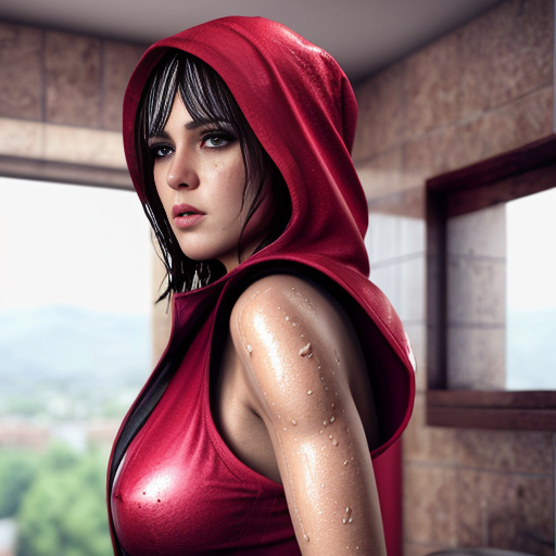 cute red riding hood, cinema, realistic, ultrarealistic, sideview, silver hair, strong makeup, 12 age, opening her hood, cameltoe, opening, wet, at shower, view from up, pullin, pulling down pnt