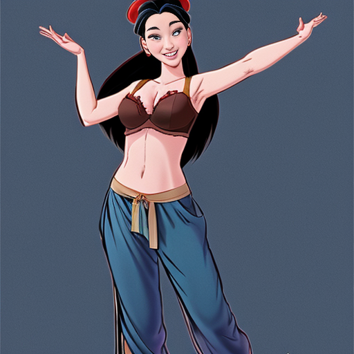 90's disney's 2d aladdin style comic dark blue background and panels of panel 1 Pocahontas barefoot with brown harem pants and bra with both hand palms place together and hiding the bottom of her mouth with a brown veil wrapped around her arms and attached to her head. 
panel 2 she danced with brown harem pants barefoot with brown bra and brown veil wrapped around her arms and shoulders and raising legs and 
panel 3 Pocahontas barefoot with brown harem pants and bra just bounced up and down her belly  and shook her hips left and right. 
panel 4 as Pocahontas barefoot with brown harem pants and bra spreading her arms, happily revealing her face to the viewer and giving a smile as she turns around shook her butt left and right. 
Panel 5 Pocahontas barefoot with brown harem pants and bra started to fading away , except her belly, which is bouncing around. 
Panel 6 then the ball transforms into the fading in belly of mulan  with red harem pants and red bra and red curved slippers with a  red veil wrapped around her arms and shoulders with her swaying her hips. 
Panel 7 mulan with red harem pants, red bra and red curved slippers and with a red veil wrapped around her arms and shoulders and with her hand palms place together between her chest and she gives a smile and winking her left eye. 