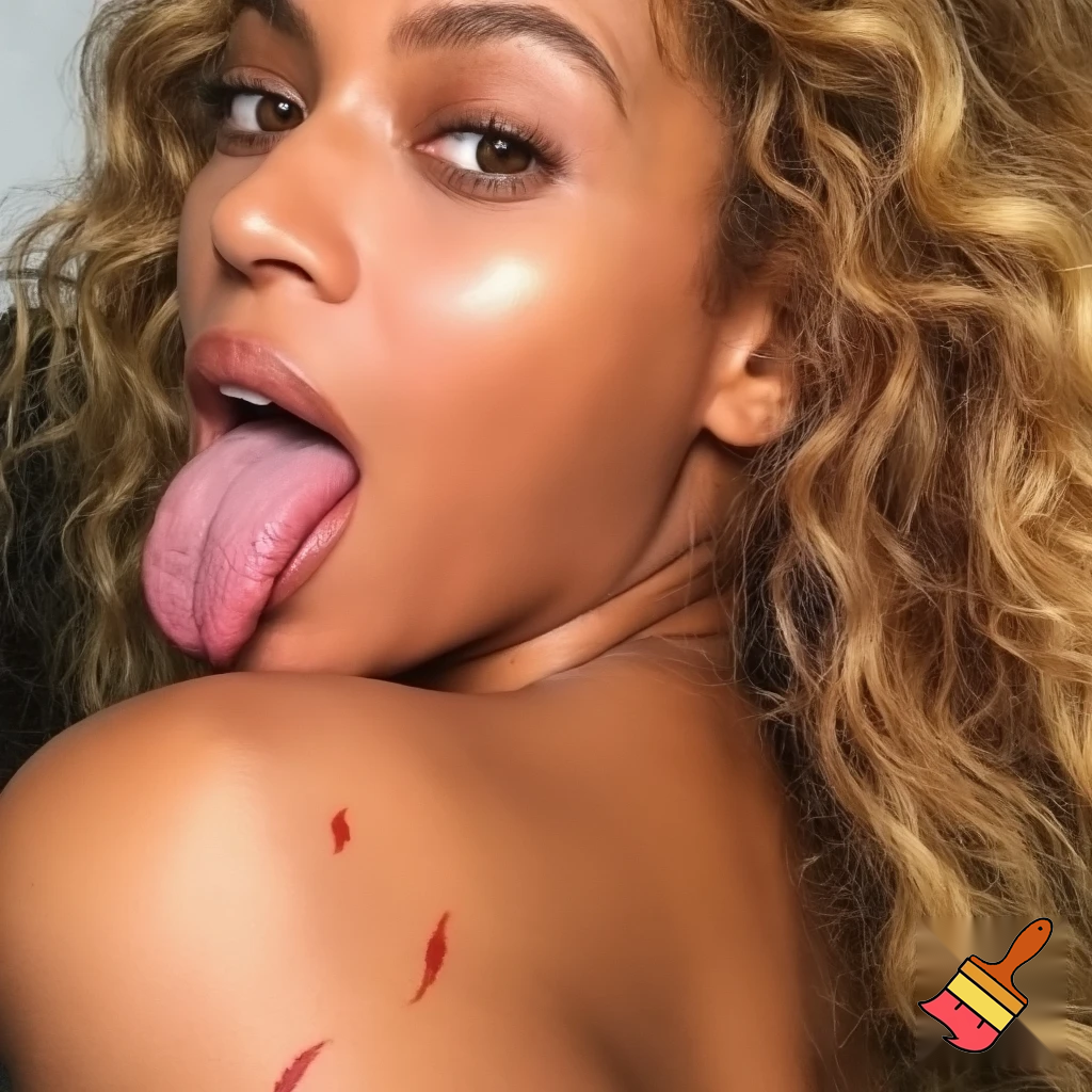 Beyonce selfie showing her long tongue pose ,her tongue is full of saliva ,her ass is red with marks, she is posing from behind 