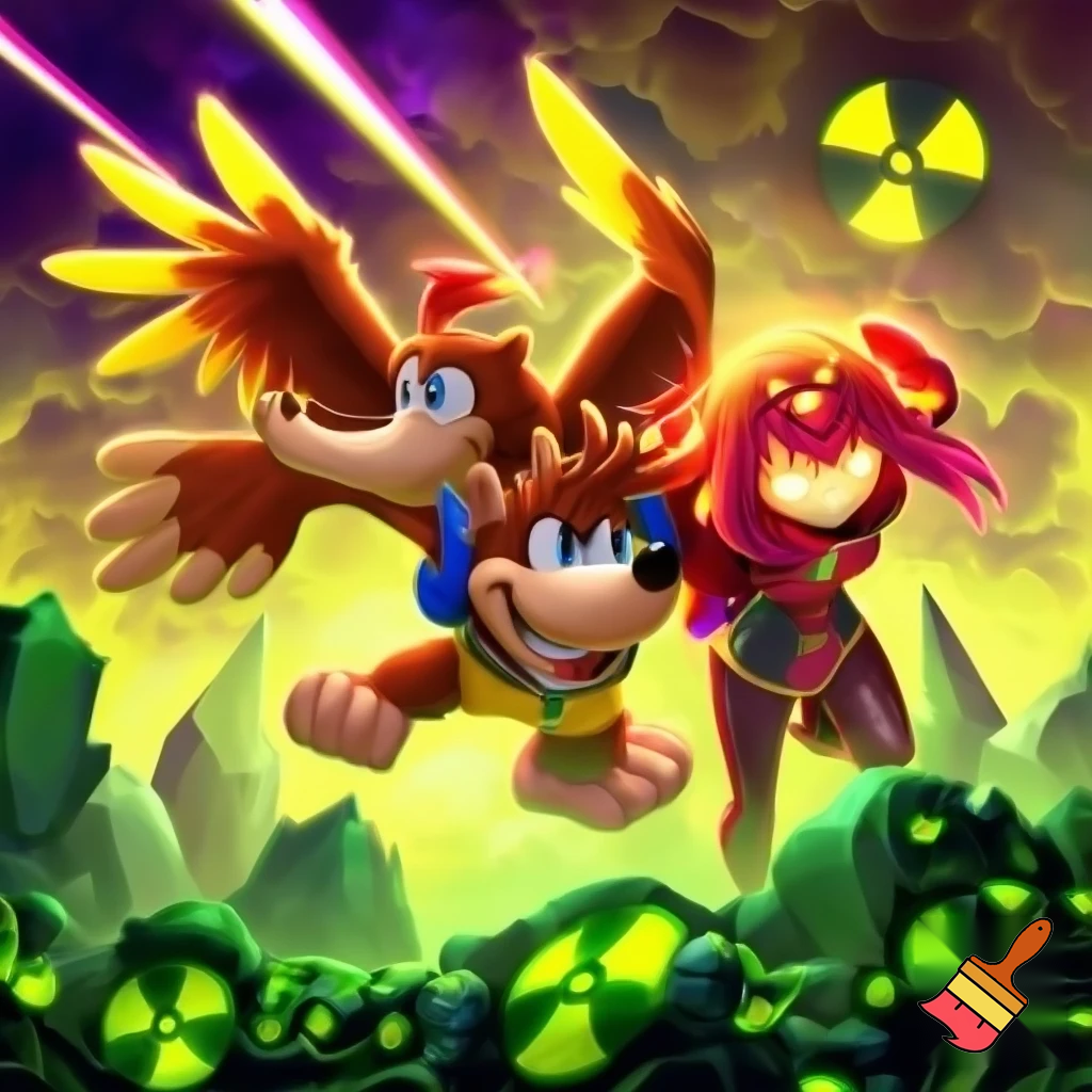 Banjo and kazzoie and pyra in radioactive