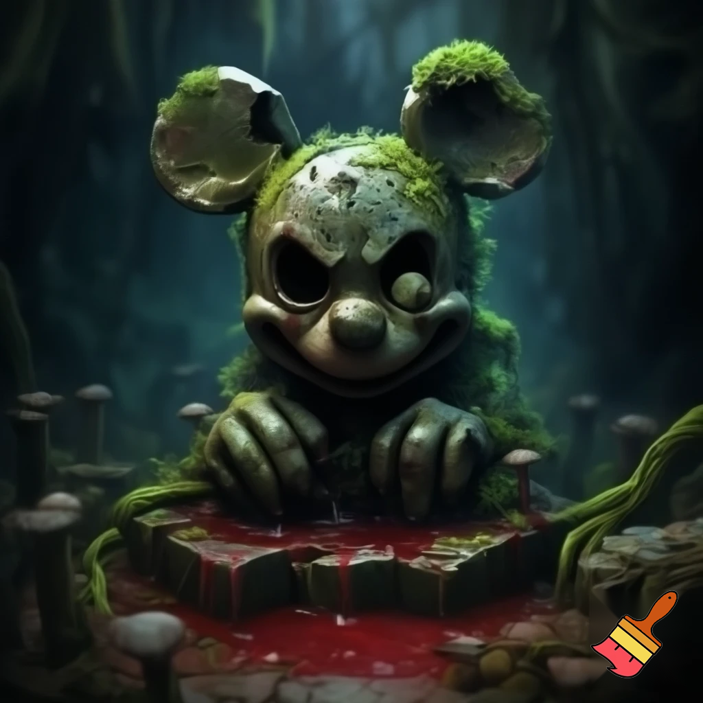 Ancient stone idol of Mickey Mouse with blood sacrifice