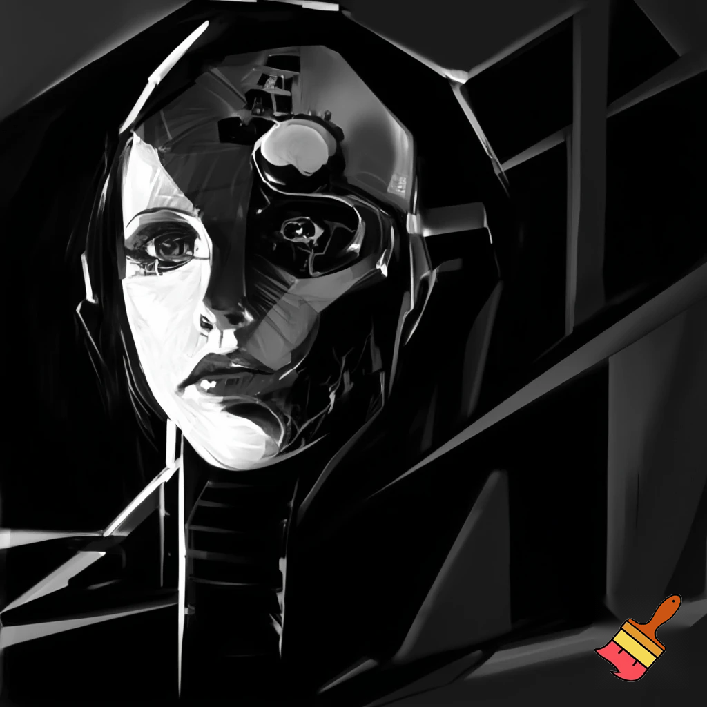 Bio-mechanical girl portrait, noise art. In the style of a 1920's German Expressionism. Black & white.