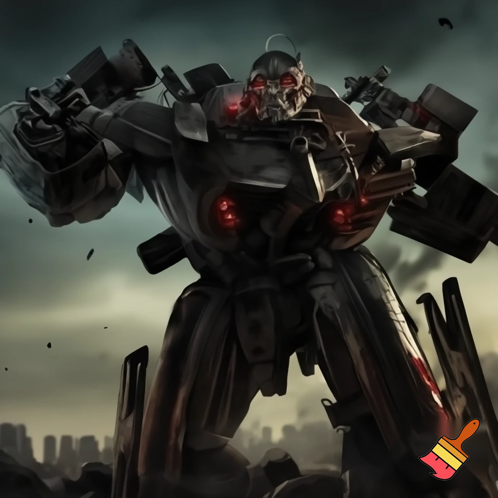 A Decepticon, made from a mix of a F-22 raptor and a mobile artillery tank with an angry face and humanoid form
