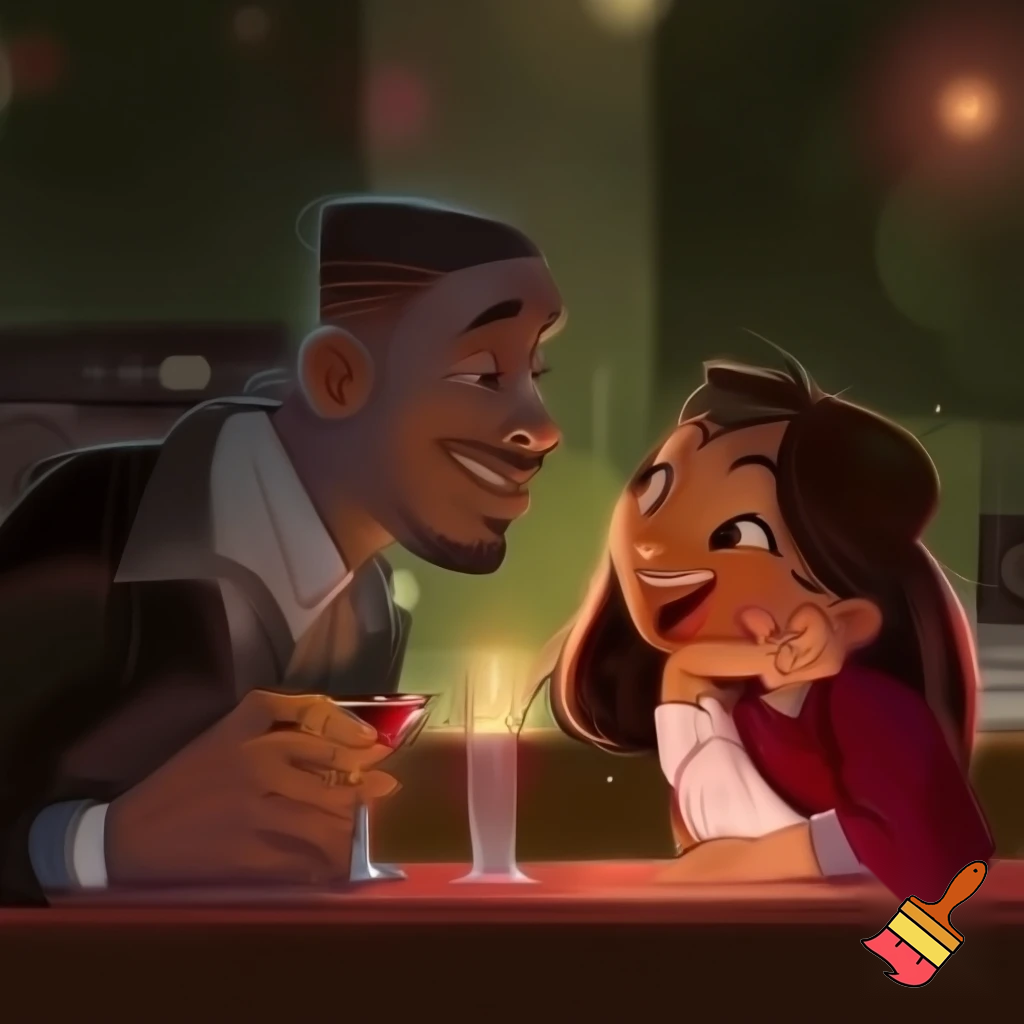 Create a realistic cartoon of black man with a Spanish girl dating at a bar