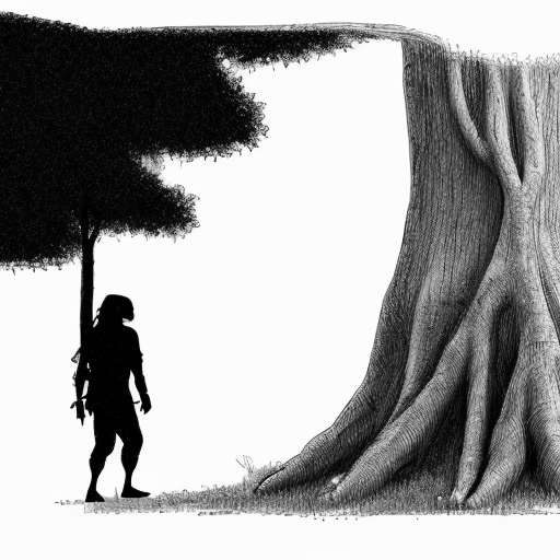 Ancient human survival

Stick figure hiding behind tree, predator in distance, black and white, minimalist, xkcd-style, survival concept illustration