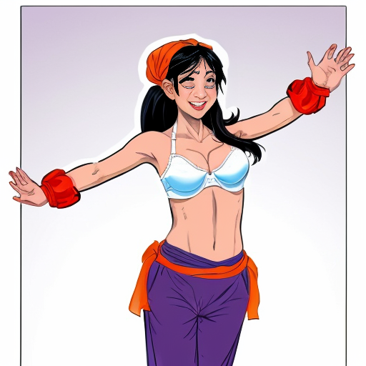 90's disney's 2d aladdin style comic black background and panels of 
(panel 1  black hair Woman barefoot with white harem pants and bra purple vest and orange sash with both hand palms place together and hiding the bottom of her mouth with a red veil wrapped around her arms and shoulders and with both hand palms place together and hiding the bottom of her mouth and swaying her hips left.)
(Panel 2 Then the black hair woman barefoot with white harem pants and bra , purple vest and orange sash with red veil wrapped around her arms and shoulders with both hand palms place together and hiding the bottom of her mouth swaying her hips right .)
(Panel 3 then the black hair woman with white harem pants and bra ,purple vest and orange sash and red curved slippers spreading her arms, happily revealing her face to the viewer and giving a smile as shook her belly left and right.)
(Panel 4 then the black hair woman  with white harem pants and bra and red sash and red curved slippers with a blue veil wrapped around her arms and shoulders and spreading her arms  then started to fading away , except her belly, which is bouncing around.
(Panel 5 and the black hair woman with blue harem pants and red bra and red sash and red curved slippers with a blue veil wrapped around her arms and shoulders then swaying of her belly and hips.)
(Panel 6 then  the black ponytail hair woman with blue skin and blue  harem pants and red bra and red sash and red curved slippers then blowing kisses to the viewer.) 
