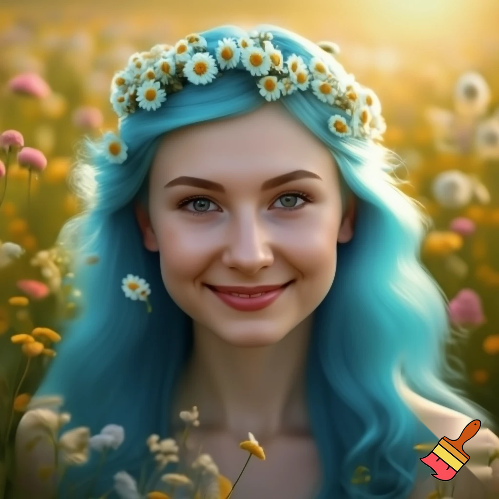 a girl in flowers with blue hair smileing